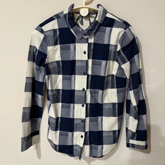 BCBGeneration Plaid Flannel Shirt Lace-up Back Button Front Navy Women’s Small - Picture 1 of 11